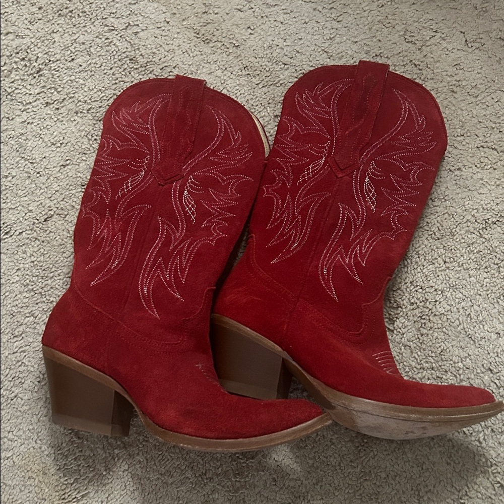 Red Suede Western Block-Heel Boots for Women